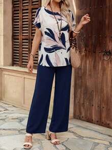 2 piezas Conjunto casual de mujer con pantalones rectos de cuello redondo y manga corta en colores contrastantes con estampado ditsy floral, para primavera/verano - Multicolor - Ver 4