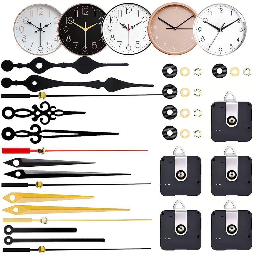5 buah Kit Mesin Jam Quartz, 2 buah poros 13mm, 2 buah poros 16mm, 1 buah poros 23mm, Termasuk 5 Pasang Jarum Jam, Untuk Perbaikan, Penggantian, dan DIY Jam Dinding, Cocok untuk Dekorasi Rumah dan Kantor, Hadiah untuk Pecinta Jam