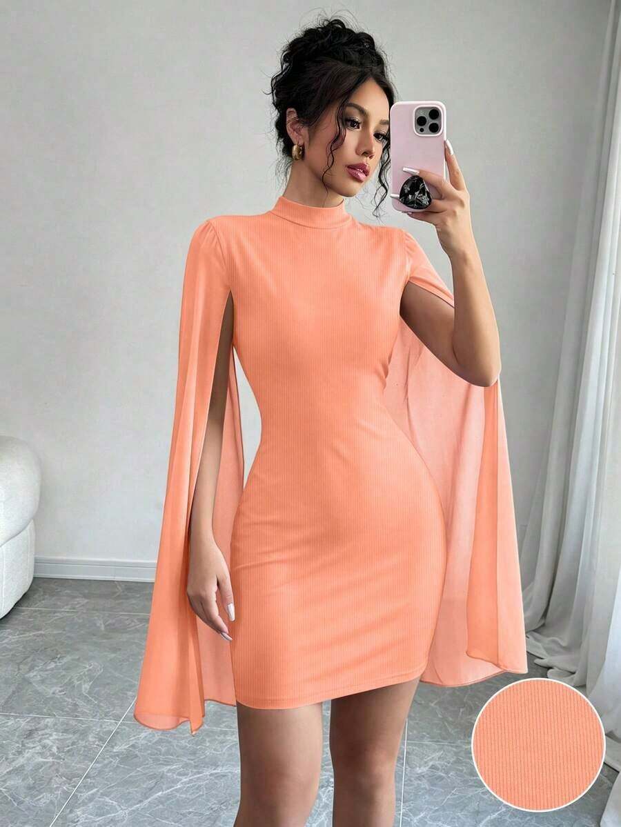 Vestido de capa ajustada con cuello mao de unicolor - Naranja - Ver 1