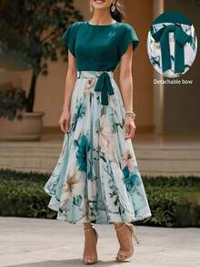 Vestido largo casual y elegante de tela tejida con estampado floral, adecuado para uso diario y todas las temporadas de vacaciones de verano - Verde - Ver 1