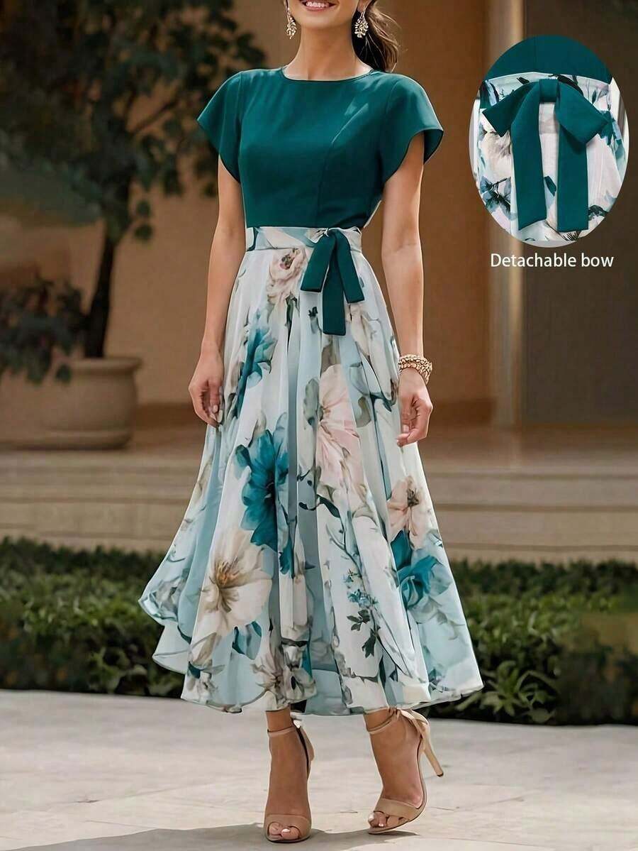 Vestido largo casual y elegante de tela tejida con estampado floral, adecuado para uso diario y todas las temporadas de vacaciones de verano - Verde - Ver 1