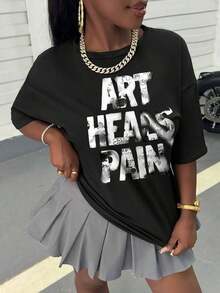 Fashion Printed T-Shirts For Women, Oversized Streetwear Tops, Comfortable And Stylish All-Match Summer TeesINAWLY Women's Fashion Loose Crew Neck Short Sleeve Letter Print Graphic Summer Tee For Women - 黑色 - 查看 4