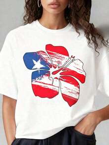 Women's Casual Round Neck Short Sleeve T-Shirt With Puerto Rican Flag And Hibiscus Flower Print. Women's Graphic Short Sleeve T-Shirt With Patriotic Puerto Rican Design. Suitable For Christmas, Group Sports, Vacations, Activities, Parties, And Other Holiday Gifts. Summer Clothing Sets For Women. EBRUFashion Refreshing T-Shirt - 白色 - 查看 6