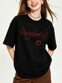 Women's Summer Casual Soft Round Neck Short Sleeve T-Shirt |   Lip Print,Again | Tops For Going Out,European And American Street Style,Sporty Casual,Unisex Style,Urban Casual Style,Nice Tops,Gen Z,Curve,Y2K Clothes,Funny T-Shirts, Ladies Tops,Holiday Outfits For Women,Cute Top,Graphic T-Shirt,Spring Outfits, Baggy T-Shirts,Retro Streetwear,90s Style,2000s Style,Subculture,Black Top,White Tops,90s Party Outfit. - màu đen - Xem 4
