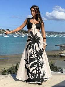 Falda larga elegante de estilo bohemio para mujer, color albaricoque, cuello ancho, diseño acampanado - Albaricoque - Ver 4