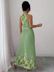YHHElenzga Vestido holgado de verano elegante con estampado floral y cuello halter para mujerYHH - Verde militar - Ver 2