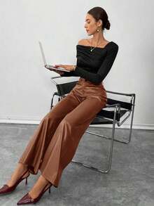 Pantalones de piel lisos con botón delantero, pantalones casuales minimalistas para mujer, para uso diario, prendas inferiores para mujer - Marrón - Ver 6