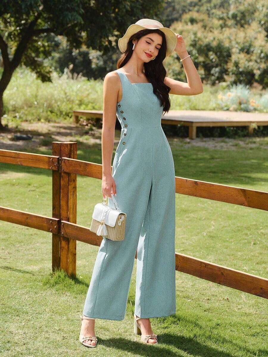 Mono informal con cuello cuadrado sin mangas, decorado con botones, con bolsillos, para vacaciones - Mono de vacaciones de estilo vintage elegante para mujer - Conjunto de verano para mujer - Mono para el Día de la Madre - Mono para vacaciones - Mono para mujer - Mono para concierto country - Mono para cumpleaños de mujer - Pantalones para mujer - Conjunto de festival para mujer - Conjunto de brunch para mujer - Azul - Ver 1