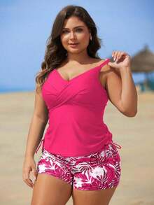 Swim Lushoire Set de 2 piezas de tankini con estampado floral para mujeres de talla grande - Rosa Fucsia - Ver 6