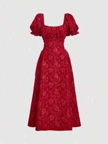 Vestido amarillo de longitud media con mangas de pétalos y cintura con lazo - Rojo - Ver 5