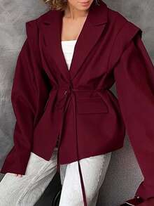 Blazer primavera 2026, color liso ajustado con cordón, estilo versátil elegante - Burdeos - Ver 2