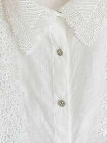 Blusa de manga corta con burbujas y encaje en contraste, diseño elegante y juvenil para mujer en verano - Blanco - Ver 3