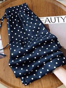Pantalones rectos de satén con cintura alta, cintura con cordón y estampado de lunares, adecuados para vacaciones, ceremonias de graduación, festivales de música, estilo bohemio, 4 de julio, uso casual - Azul marino - Ver 4