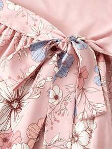 Vestido de verano de longitud media con estampado floral elegante y patchwork para mujer - Rosa Pálido - Ver 8