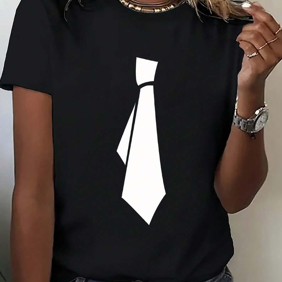 Women's Short Sleeve Crew Neck T-Shirt - Unique Tie Print, Soft And Comfortable Fabric, Loose Fit, Casual And Fun Look, Ideal Gift, Plus Size - 黑色 - 查看 1