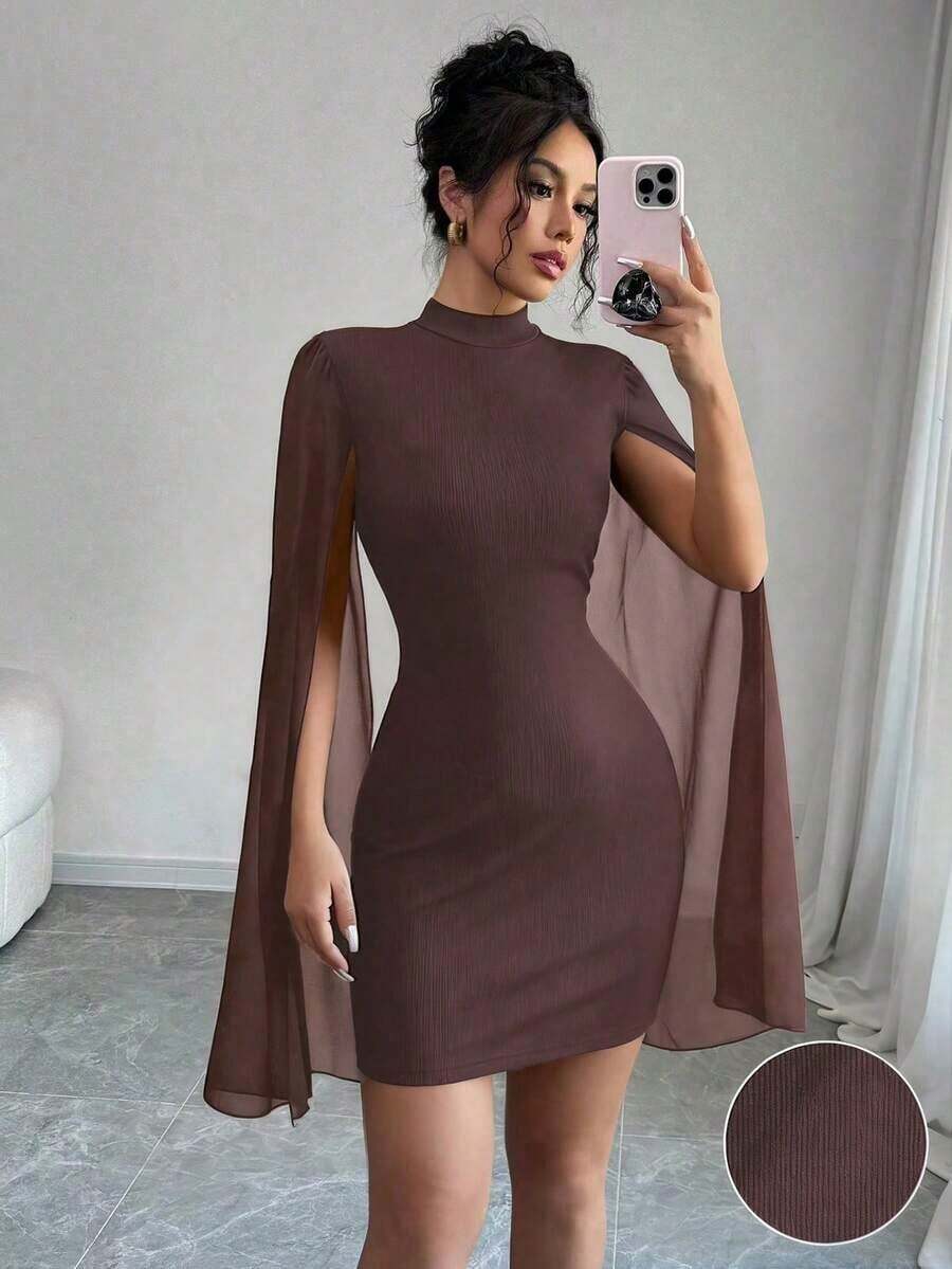 Vestido de capa ajustada con cuello mao de unicolor - Marrón - Ver 1