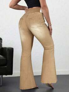 Tall Pantalones vaqueros de mujer casuales, ajustados y elásticos con vuelo, pantalones vaqueros azules ajustados de cintura alta con vuelo para mujeres altas, pantalones vaqueros de verano - Caqui - Ver 2