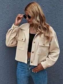 Chaqueta casual de mujer de un solo pecho con bolsillo, de unicolor y manga larga, para otoño - Albaricoque - Ver 1