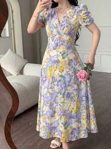 Vestido de mujer de ajuste ceñido con cuello cruzado, botones de perlas y mangas abullonadas - Morado - Ver 4