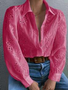 Blusa blanca de mujer, blusa blanca de manga larga con empuñadura de unicolor bordada, adecuada para uso diario, viajes, Día de la Madre, cumpleaños y fiestas en la playa - Rosa Fucsia - Ver 1