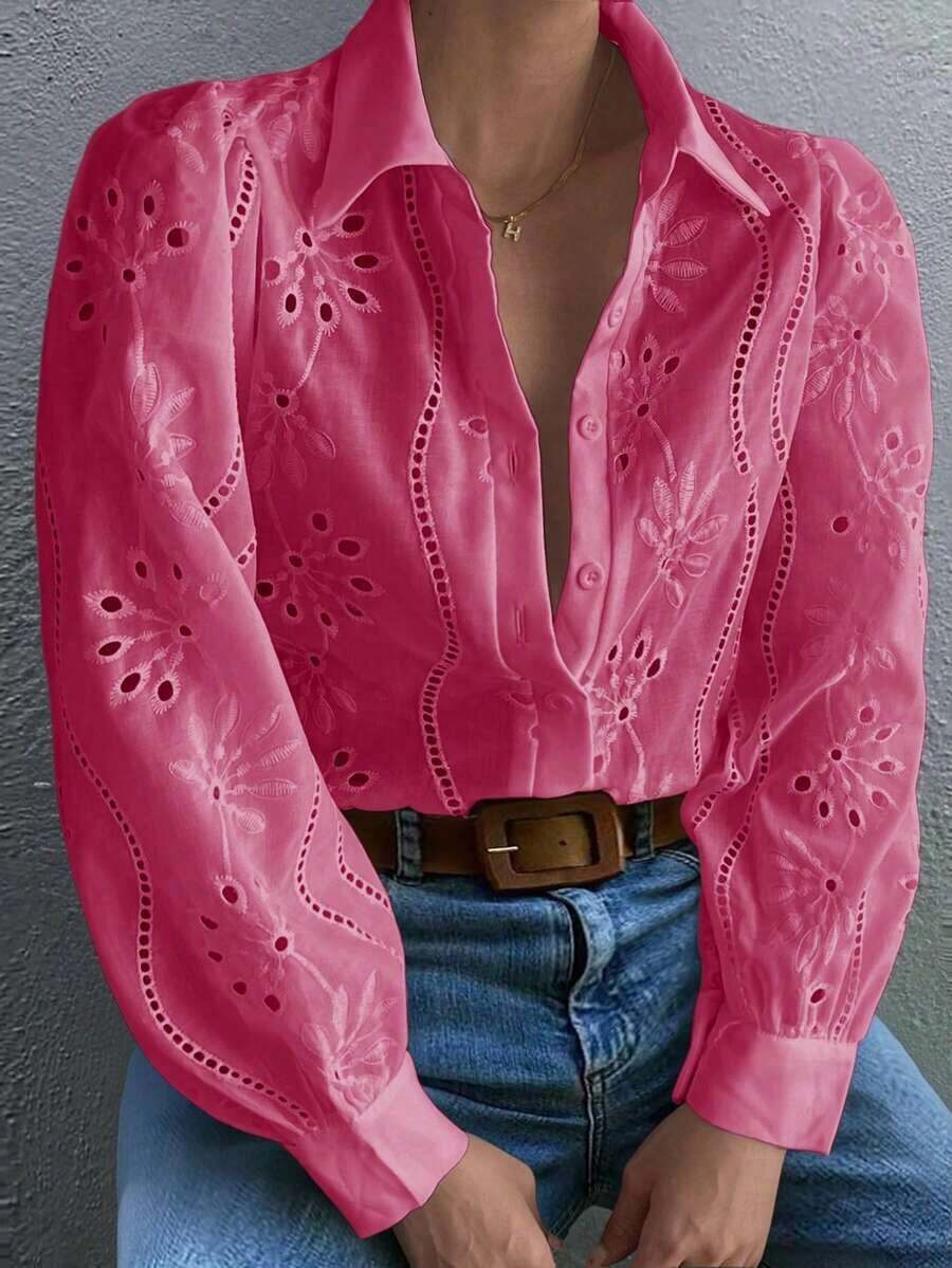 Blusa blanca de mujer, blusa blanca de manga larga con empuñadura de unicolor bordada, adecuada para uso diario, viajes, Día de la Madre, cumpleaños y fiestas en la playa - Rosa Fucsia - Ver 1