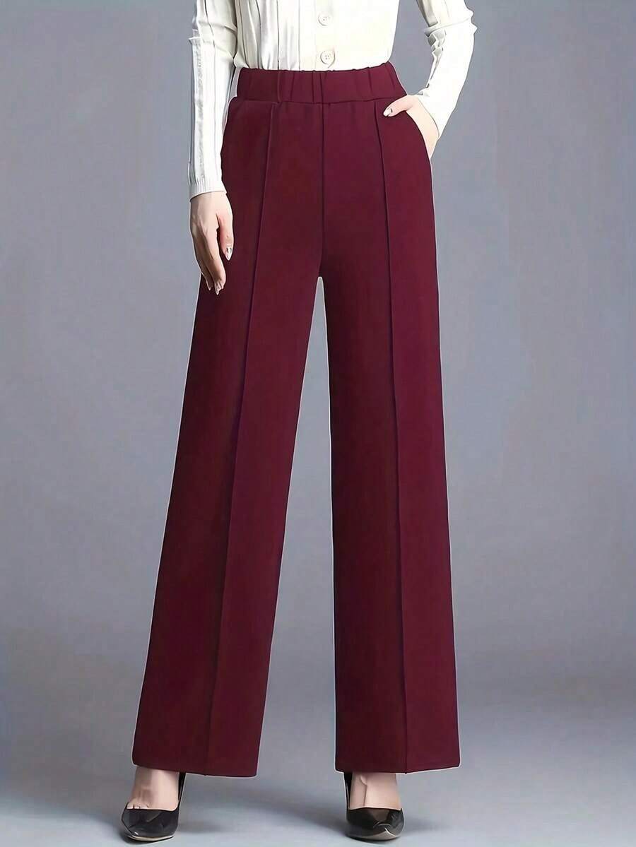 2025 Pantalones rectos de cintura alta relajados de estilo minimalista versátil, adecuados para el trabajo y el uso diario, color negro - Rojo - Ver 1