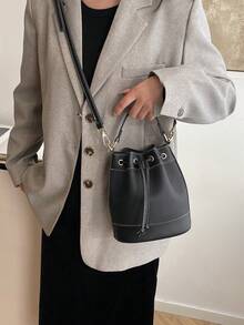 Bolso de cubo para mujer, bolso de hombro cruzado casual de paja con cordón - Beis - Ver 9