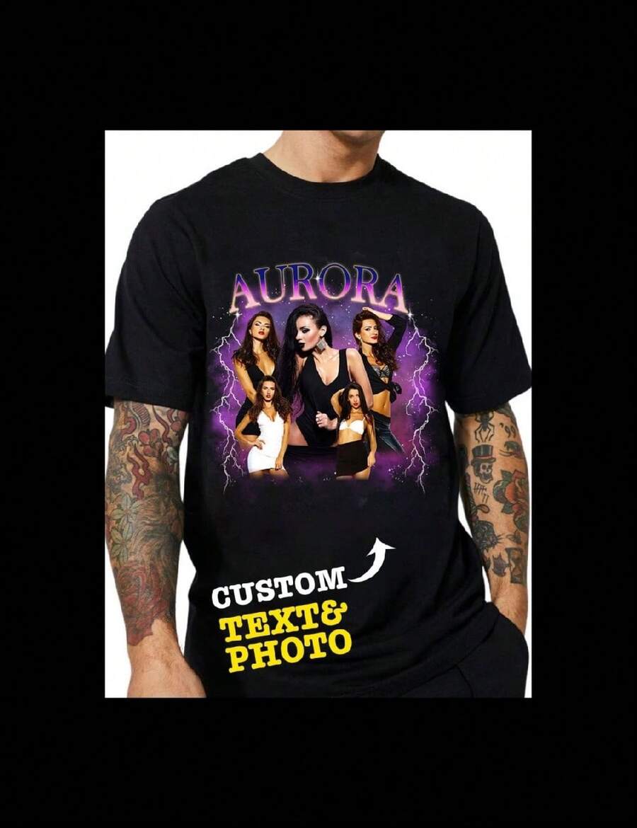 Customizable Men''s T-Shirt - Personalized Photo Print, Aurora Pattern Design, Perfect Gift For Husband, Boyfriend Or Dad - 黑色 - 查看 1