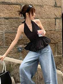 Atasan Crop Top Wanita Tanpa Lengan dengan Desain Polkadot Seksi Warna Polos, Hem Berkerut, Leher Halter, dan Bagian Belakang Terbuka, Warna Hitam yang Mengencangkan Pinggang dan Melangsingkan. - Hitam - View 2