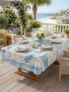 1 pieza Mantel redondo con patrón de ola de coral oceánico en acuarela - Diseño de escena submarina en azul suave con estrellas de mar y conchas, perfecto para decoración del hogar, decoración de habitaciones, accesorios de cocina, jardín, patio, casa de playa, fiesta en la piscina, cabaña de playa y boda junto al mar - Multicolor - Ver 14