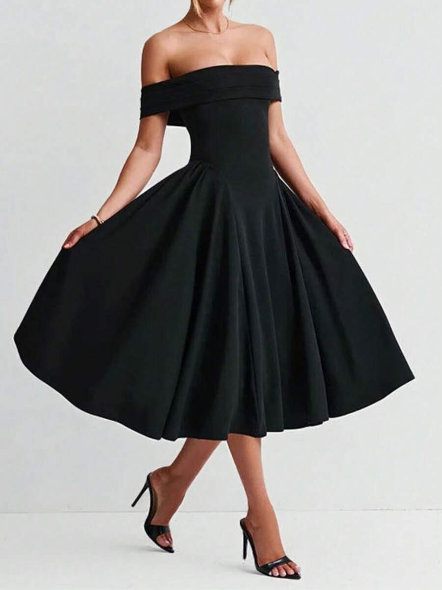 Vestido largo primavera 2026, color liso con hombros al descubierto, estilo sensual elegante - Negro - Ver 1