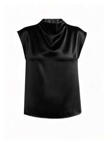 Women's Elegant Solid Satin Blouse, Suitable For Dates And Office Black Summer - Black - View 4