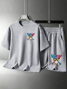 青少年男童卡通印花圓領短袖T恤與短褲套裝 - 灰色 - 查看 3
