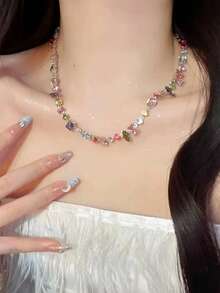 1pc Sweet Colorful Beaded Candy-Colored Faux Crystal Necklace, Contrast Rainbow Choker Necklace - Multicolor - View 1
