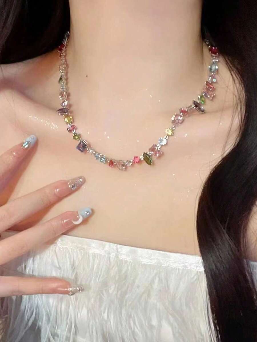 1pc Sweet Colorful Beaded Candy-Colored Faux Crystal Necklace, Contrast Rainbow Choker Necklace - Multicolor - View 1
