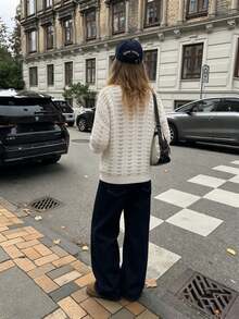 女款V領對比飾邊鏤空鉤編針織毛衣，長袖優雅休閒套頭衫，適合夏季秋季日常街頭度假穿著 - 白色 - 查看 2