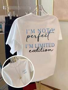 Camiseta holgada de moda para mujer, diseño con cita atrevida "Edición Limitada", top de manga corta transpirable y cómodo, camiseta de algodón suave con cuello redondo, ideal para salidas casuales y looks de moda minimalista. - Blanco 5 - Ver 1