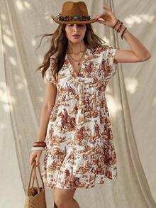 Vestido corto de manga corta básico para uso diario, con estampado nómada vintage de estilo occidental y campestre, para mujer en primavera/verano - Multicolor - Ver 7