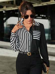 Blusa de manga larga elegante con estampado de rayas de color contrastante y botones al frente para uso en la oficina, blusas de mujer de manga larga - Blanco y Negro - Ver 1