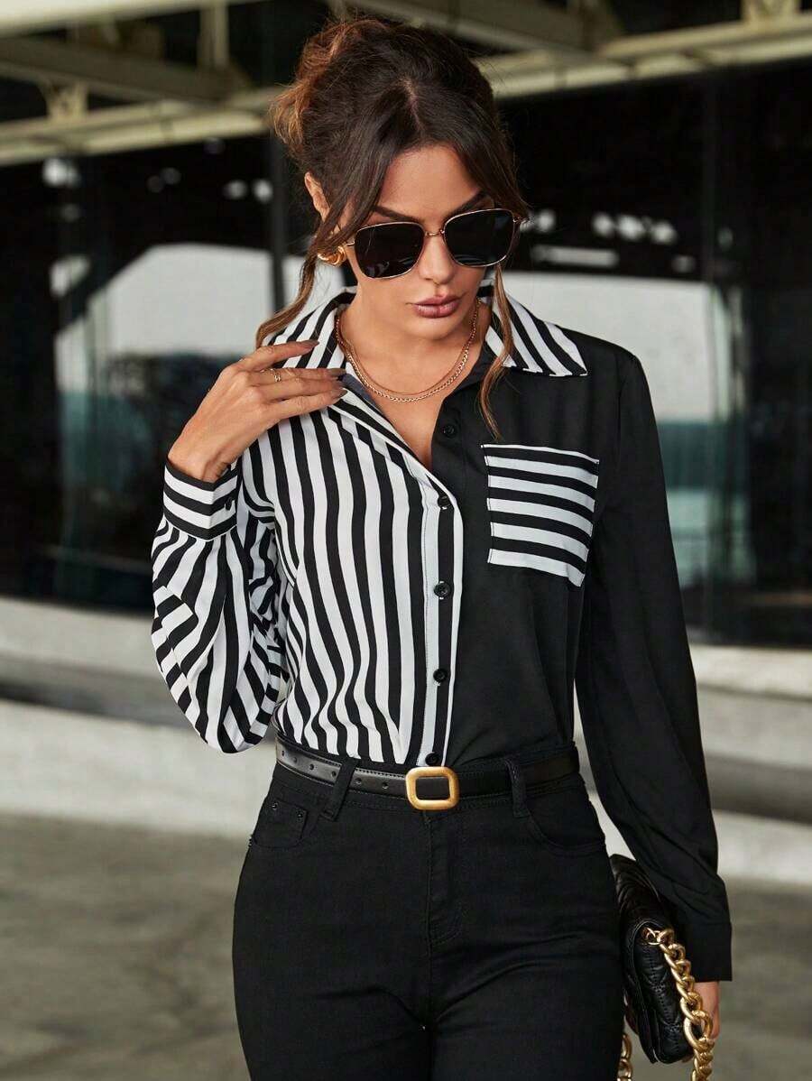 Blusa de manga larga elegante con estampado de rayas de color contrastante y botones al frente para uso en la oficina, blusas de mujer de manga larga - Blanco y Negro - Ver 1