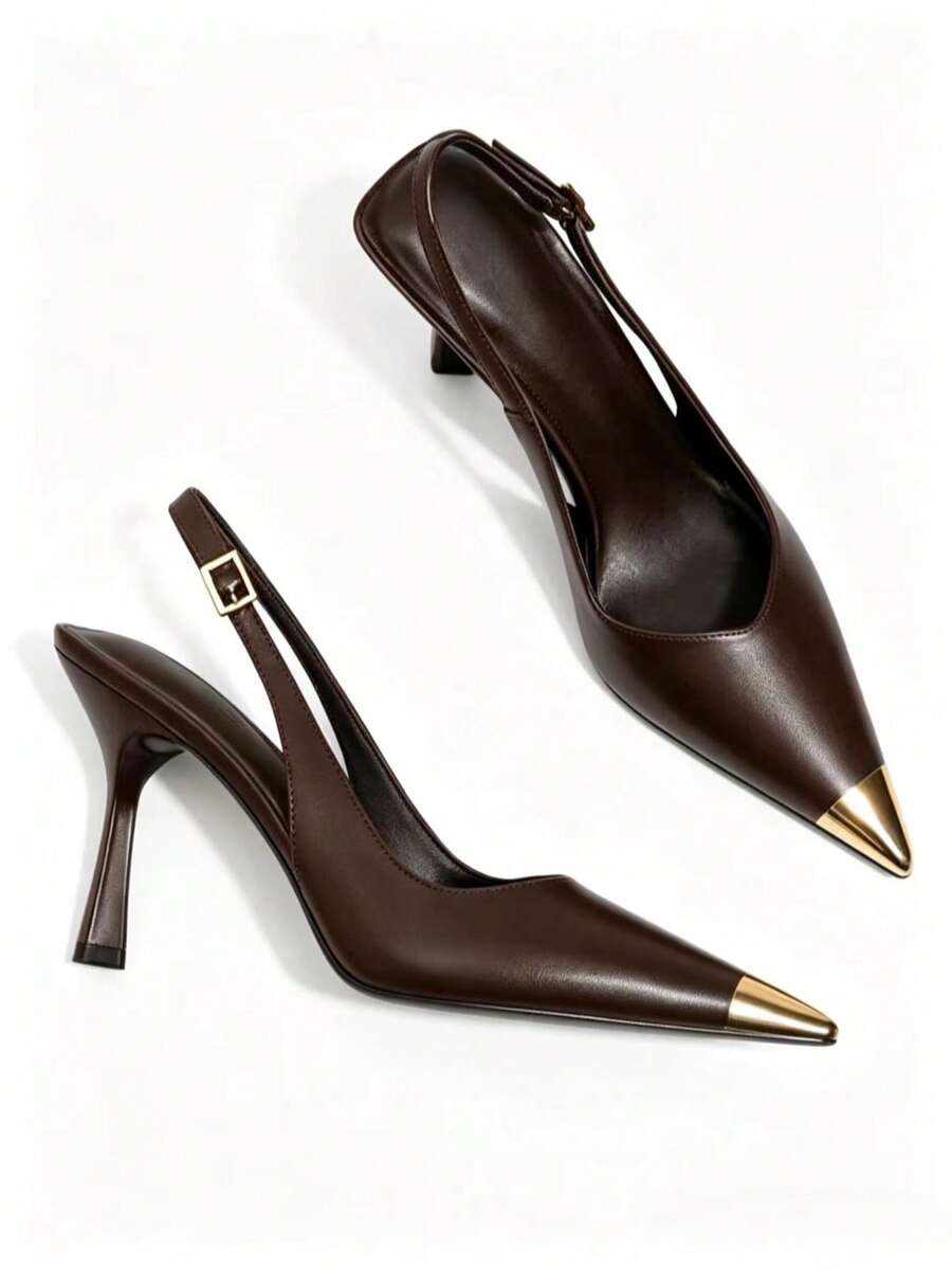 Sepatu hak tinggi model stiletto runcing bergaya Prancis model terbaru tahun 2025, warna hitam menawan, sandal hak tinggi wanita. - Coklat - View 1