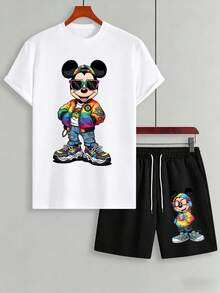 Officially Licensed Disney Mickey Mouse Rainbow Colorful Hip Hop Urban Streetwear 2 Piece Outfit Men Casual Short Sleeve Graphic T‑Shirt And Drawstring Shorts Set Cool Sunglasses Mickey Sneaker Bomber Jacket Print Summer Loungewear Dad Gift Daily Vacation Matching Tracksuit - trắng - Xem 2