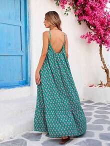 Vestido informal de tirantes de mujer con estampado total, Vestido de tirantes a lunares - Verde - Ver 2