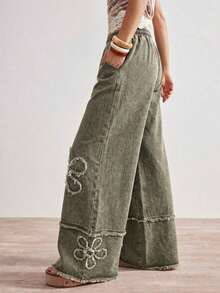 Jeans de pierna ancha de unicolor casual para mujer - Gris - Ver 8