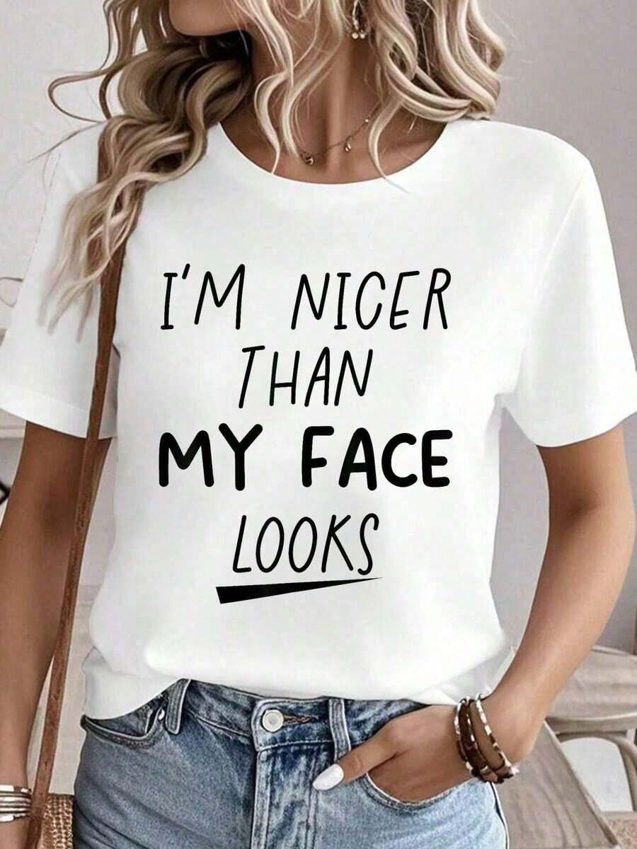Camisetas gráficas 100% algodón para mujer, tops de verano, camiseta de cuello redondo, ropa de mujer 100% algodón, conjuntos de verano para mujer, camiseta con la frase 'Soy más amable de lo que parece mi cara', camiseta con humor y sarcasmo, tops para mujer, camiseta blanca. - Blanco - Ver 1