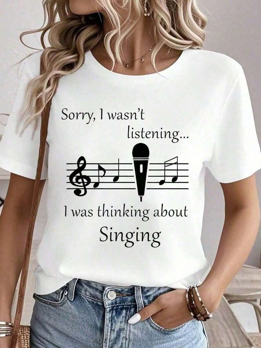 Camiseta 100% algodón con estampado "Thinking About Singing" para cantante de coro, profesor de música.Camisetas gráficas para mujer, tops de verano, camiseta de cuello redondo 100% algodón.Ropa de mujer, conjuntos para mujer, ropa de otoño para mujer, tops para mujer, camiseta blanca. - Blanco - Ver 1