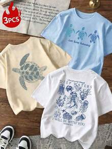Women's Short-Sleeved T-Shirt With A Round Neck, Printed With Letters, Palm Trees, And Floral Motifs In Vibrant Colors. Suitable For Casual Wear, Versatile For Everyday Use, Holidays, And Spring/Summer Seasons. Single Item. - White - View 6