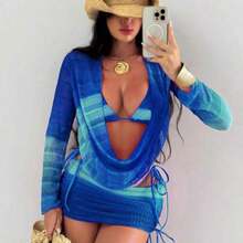 Swim  4pcs Women's New Sexy Bikini Set: Spaghetti Strap Backless Top, Side Tie Shirt, Side Tie Shorts, And Sexy Side Tie Skirt For Summer Beach Vacation - Azul - Ver 1