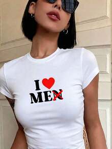 Women's White Crop Top With Round Neck, Short Sleeves, Heart And Letter Print In A Youthful Style, A Very Cute Fitted Cut For Summer, A Super  Casual Look, Perfect For Everyday Wear And Going Out With Friends BG9G - 白色 - 查看 5