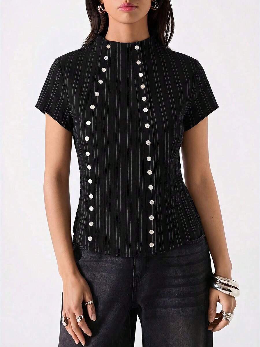 2026 Nueva llegada Minimalismo Primavera/Verano Moda casual para mujer Blusa de doble botonadura con cuello alto y manga corta/ Vacaciones de primavera /Cumpleaños para mujeres /Blusa para salir, Blusa amarilla - Negro - Ver 1